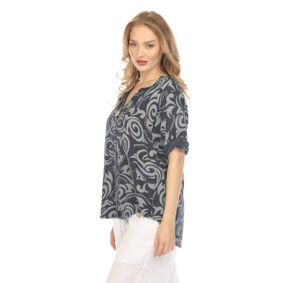 Navy Spiral Print V-Neck Button Detail Top - Picture 2 of 9